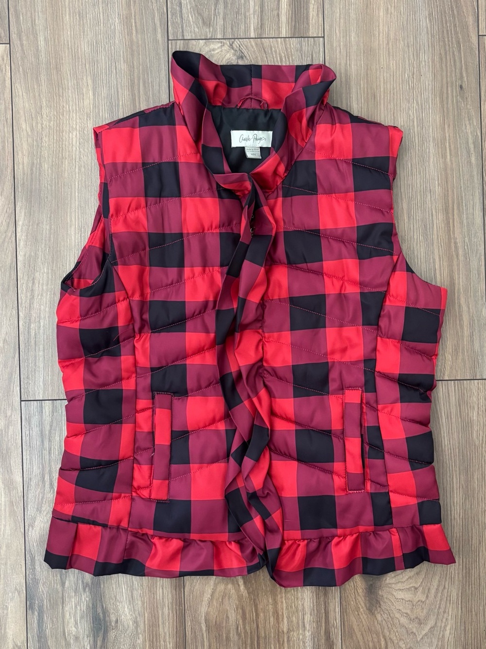 Charlie Paige Ruffle Red Plaid Puffer Vest
